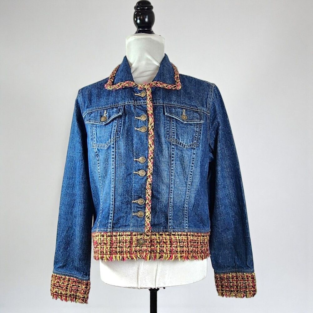 LIZ CLAIBORNE Vintage Denim And Tweed Trimmed Jacket Womens Size Large
